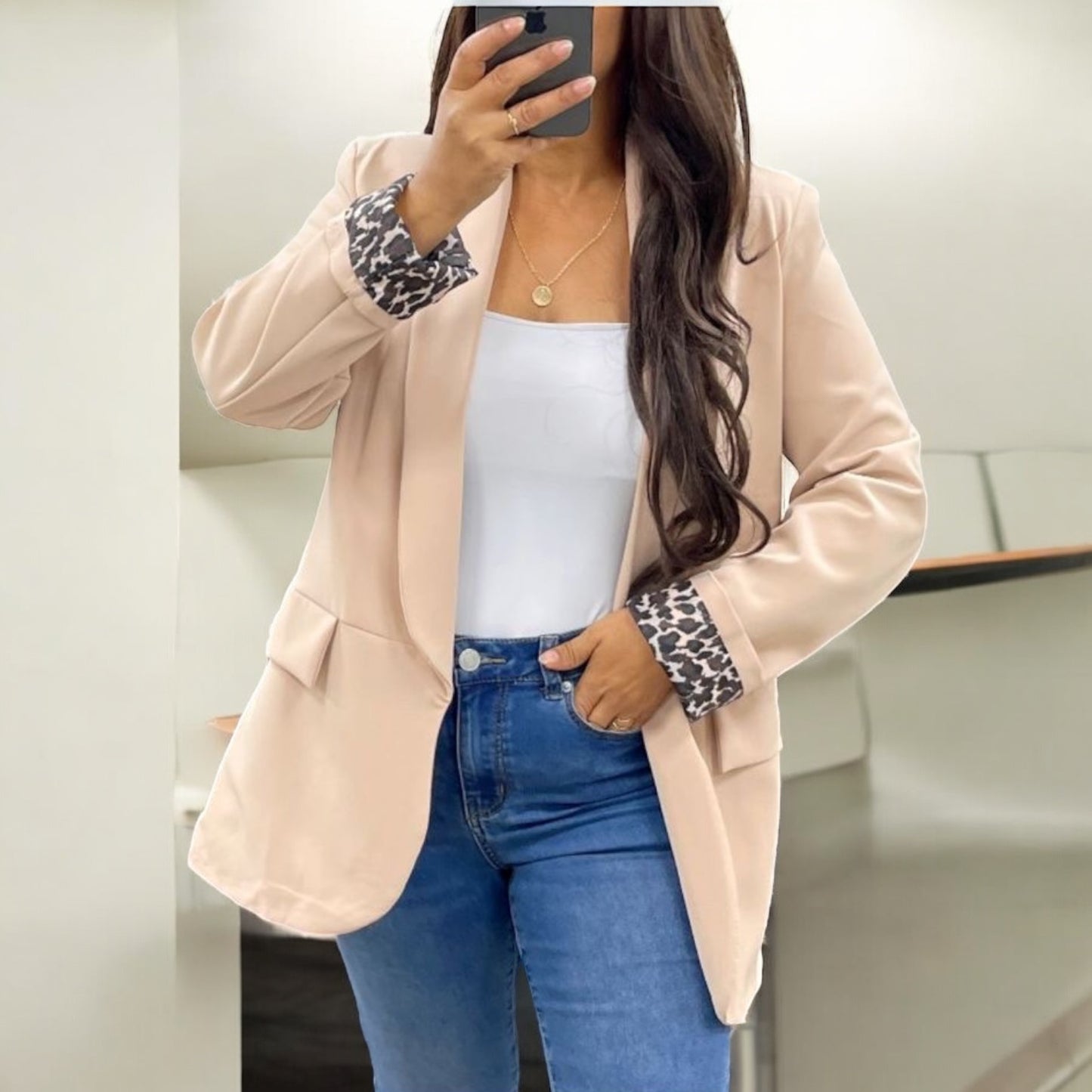 Veste blazer beige avec doublure imprimé léopard