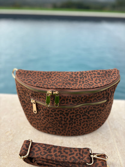 Sac banane tissu doux léopard marron noir 2 poches