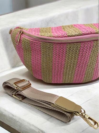 Sac banane tressé raphia beige et rose