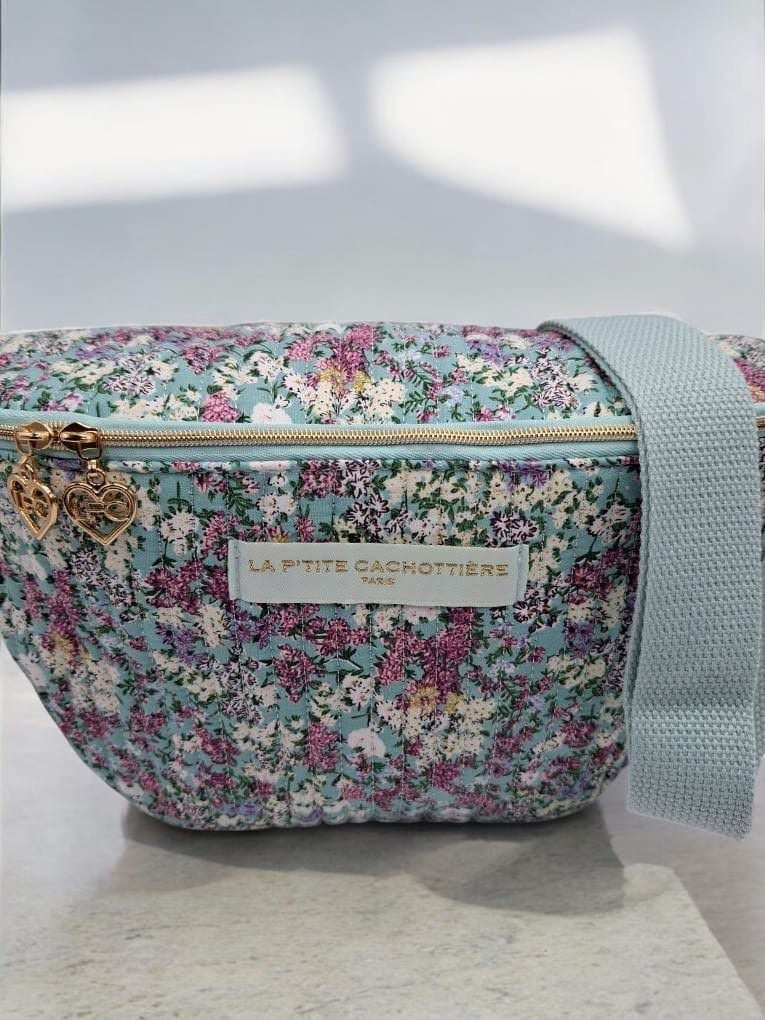 Sac banane en coton liberty fleuri turquoise « La Ptite cachottière »