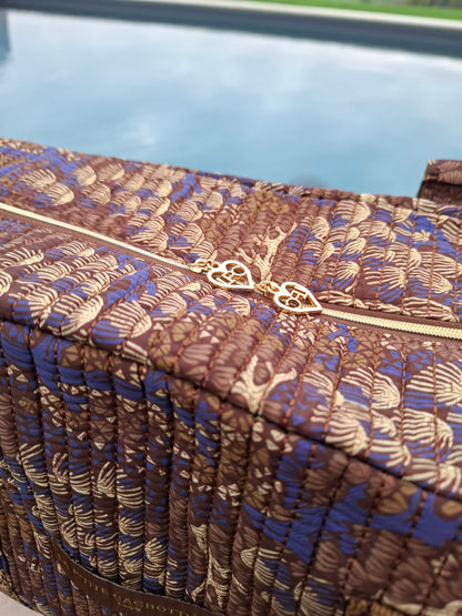 Sac week-end polochon en coton matelassé marron liberty fleuris beige et bleu