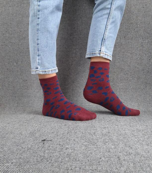 Nouveautés - Chaussettes rouge en coton à motif léopard bleu