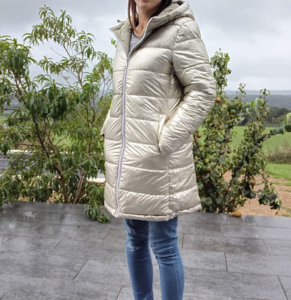 Melya Melody - Manteau long réversible et imperméable matelassé kaki clair/doré