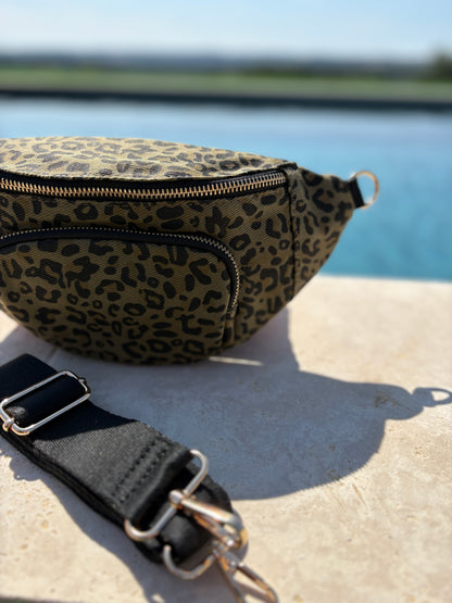 Sac banane en tissu imprimé léopard kaki 2 poches