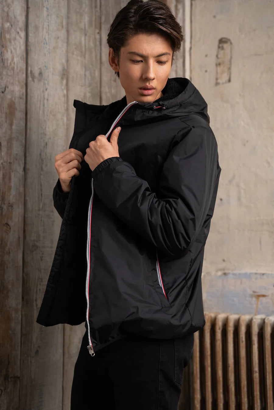 Laura Jo - Manteau HOMME imperméable court fourré fausse fourrure sherpa noir