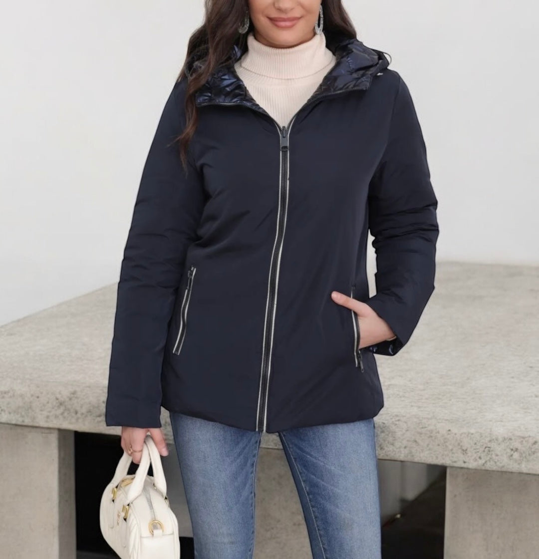 Melya Melody - Manteau court bleu marine réversible et imperméable matelassé bleu marine brillant