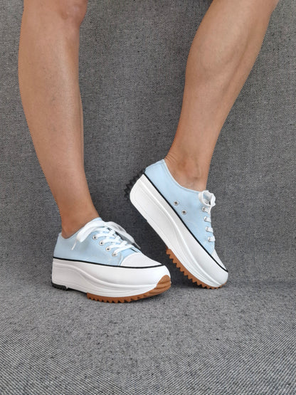 Chaussures baskets basses plate-forme tissu toile bleu