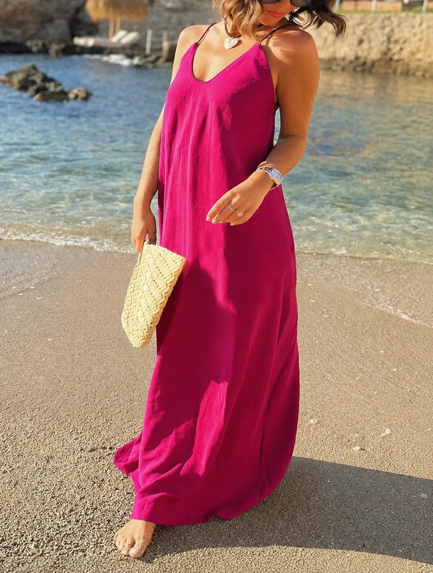 Robe Longue Dos Nu Fuchsia – Bretelles Fines Croisées | Maxi Robe Plage Été Femme Élégante
