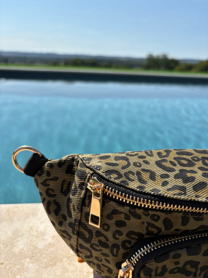 Sac banane en tissu imprimé léopard kaki 2 poches