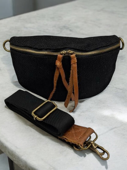 Nouveautés - Sac banane en jute noir 1 poche doubles curseurs