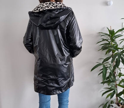 Attrait Paris - Manteau long sans ouate imperméable noir réversible avec motif léopard avec capuche