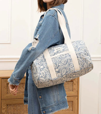 Nouveautés - Sac polochon bleu en coton imprimé feuilles blanches