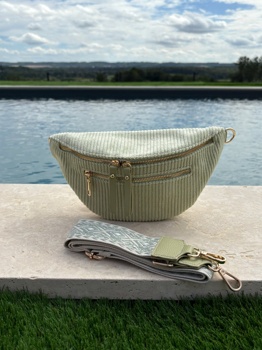 Sac banane velours côtelé 2 poches vert clair vert d'eau sangle fantaisie