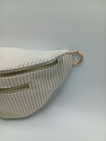 Sac banane velours côtelé 2 poches beige clair sangle fantaisie