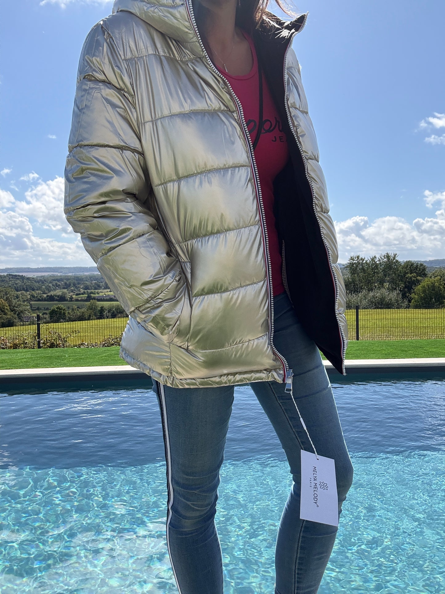Melya Melody - Manteau court réversible et imperméable matelassé noir/doré