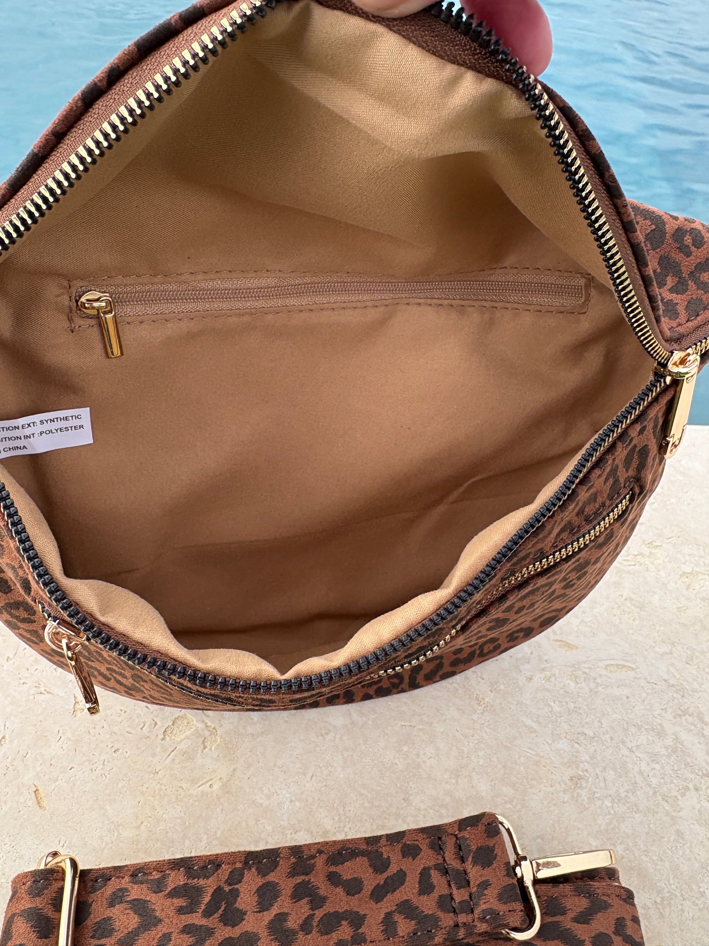 Sac banane tissu doux léopard marron noir 2 poches
