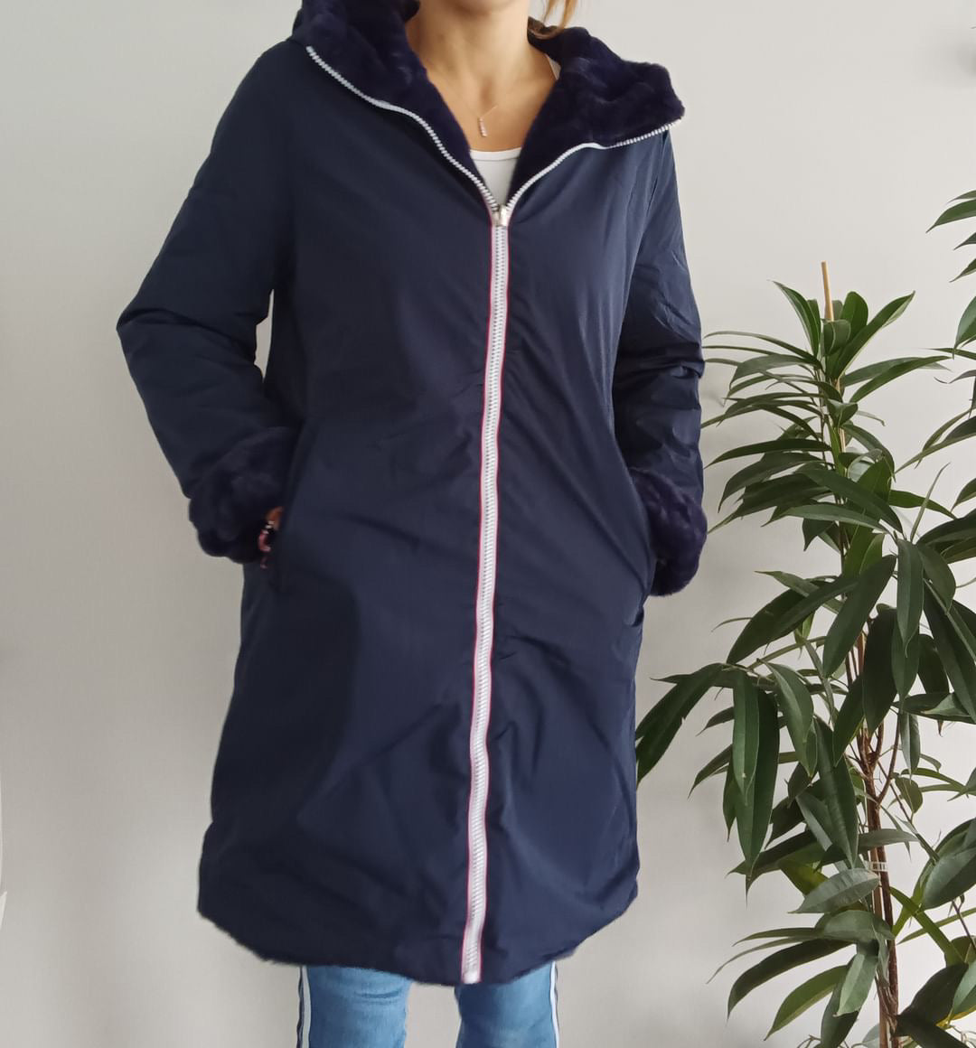 Melya Melody - Manteau long fourré fausse fourrure réversible imperméable bleu marine