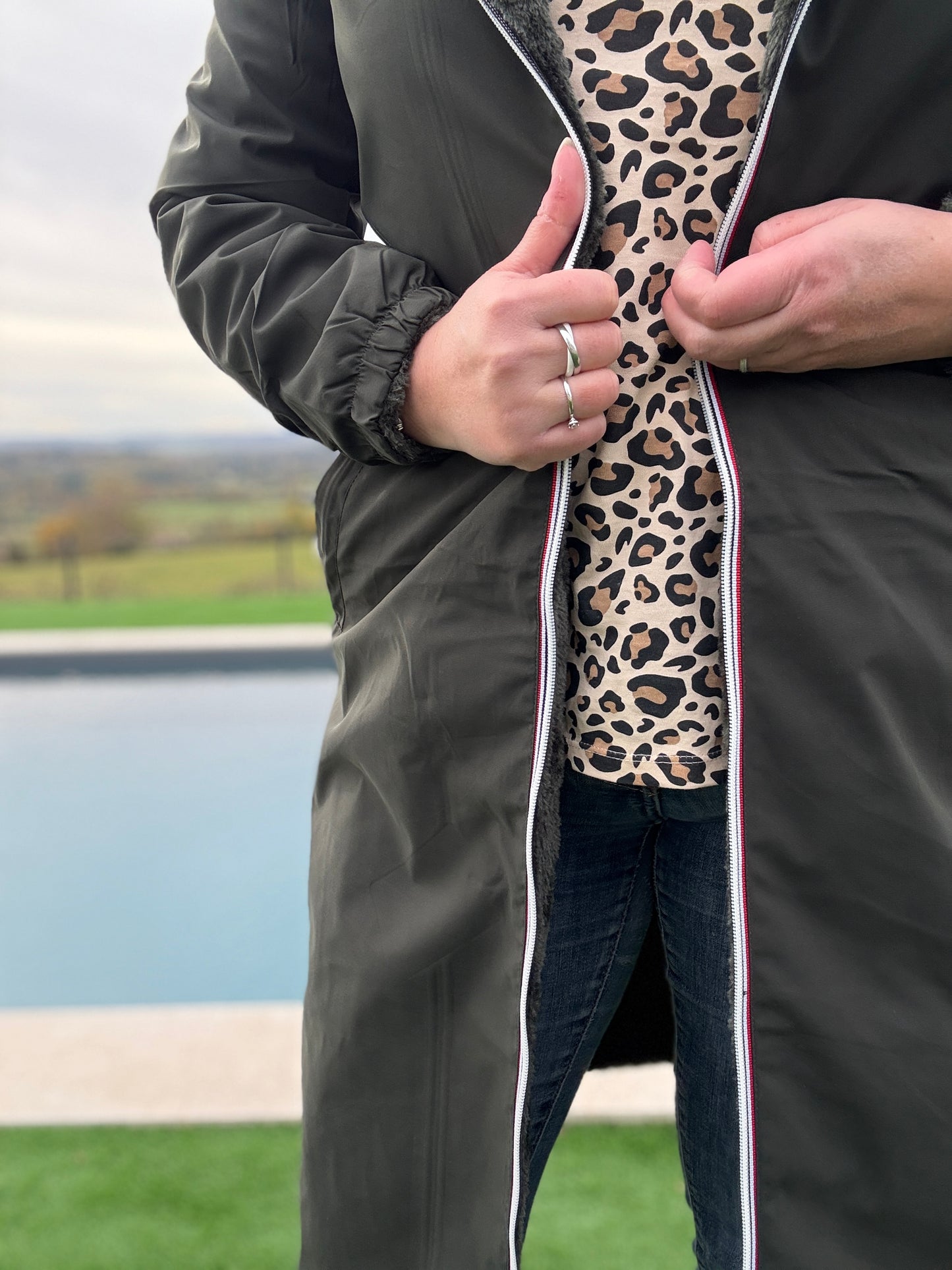 New Lolo - Manteau chaud long hauteur genoux kaki fourré complet réversible imperméable