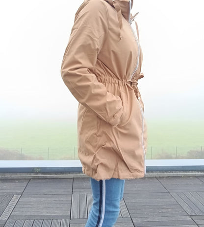 New Lolo - Manteau long CAMEL réversible, imperméable et complètement fourré resserrable à la taille