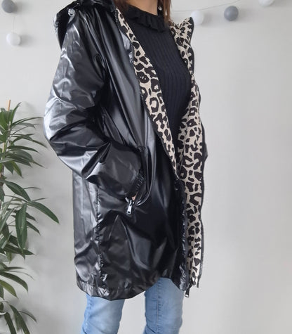 Attrait Paris - Manteau long sans ouate imperméable noir réversible avec motif léopard avec capuche