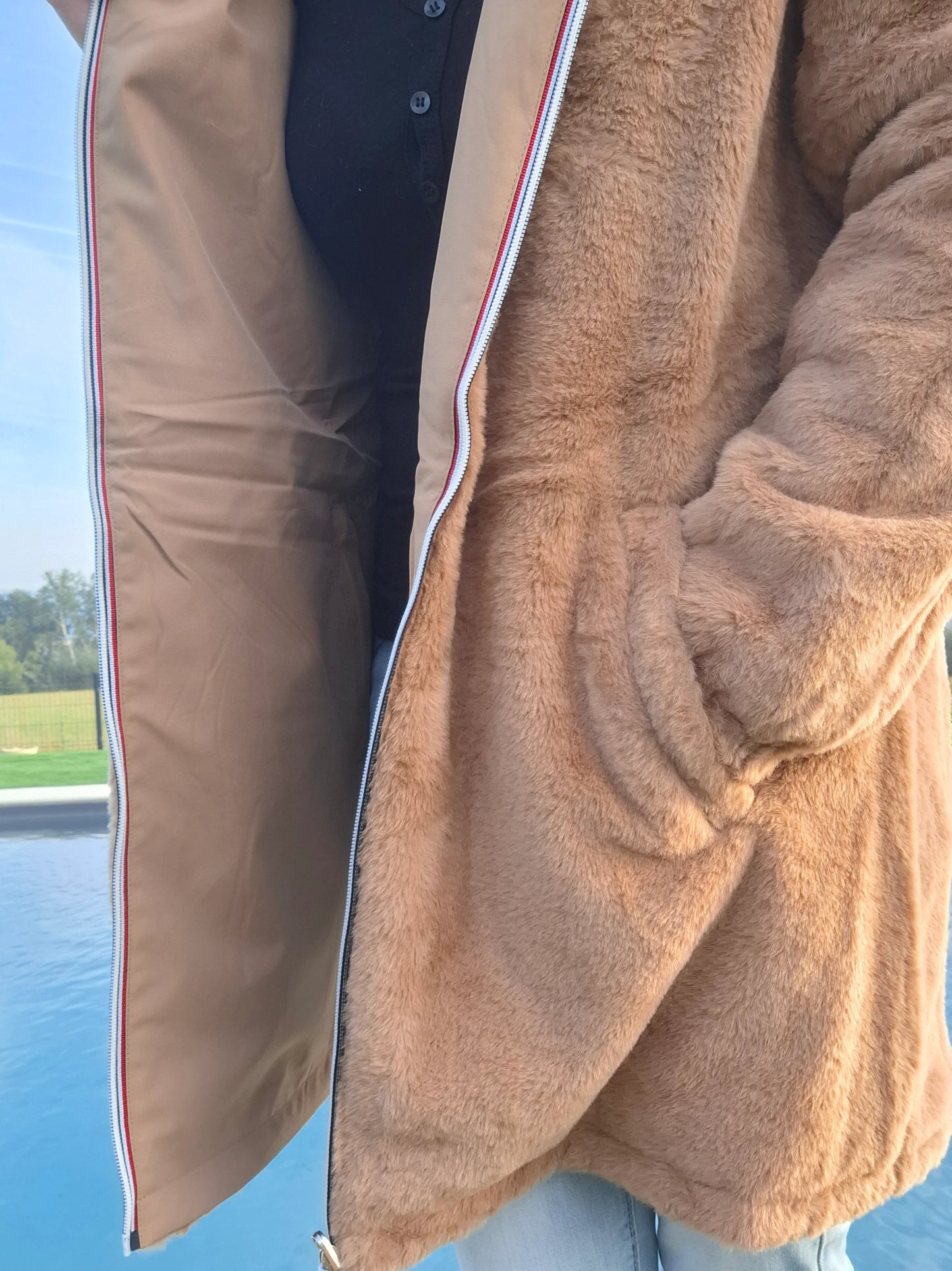 New Lolo - Manteau long camel clair fourré complet réversible imperméable - Curvy
