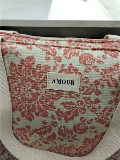 Sac cabas porté épaule en coton liberty fleuri corail crème