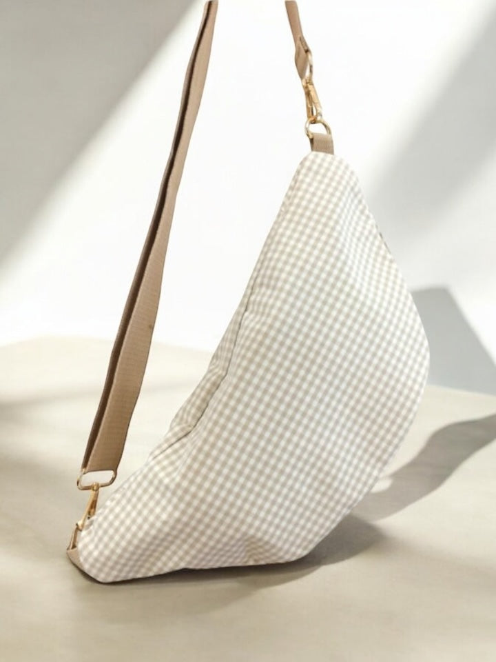 Sac banane en coton motif vichy beige et blanc 2 poches