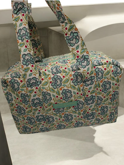 Sac week-end polochon en coton matelassé blanc liberty fleuri jaune et bleu