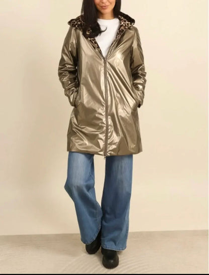 Laura Jo - Imperméable bronze réversible leopard long mi-saison garnissage ouate