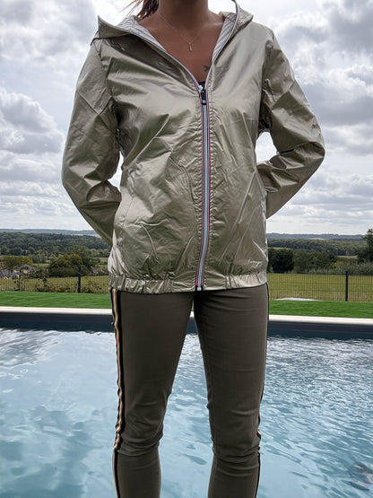 New Lolo - Manteau court mi fesses léger imperméable réversible doré capuche intérieur marin beige blanc - Curvy