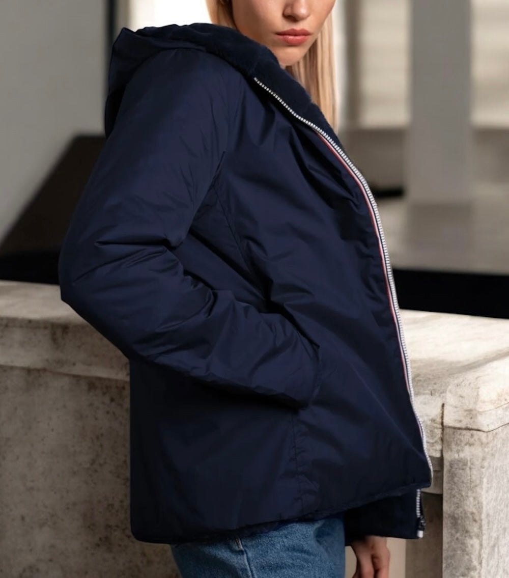 Laura Jo - Manteau imperméable court bleu marine fourré et réversible