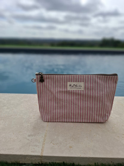 Pochette trousse en tissu imperméabilisé rose et blanc