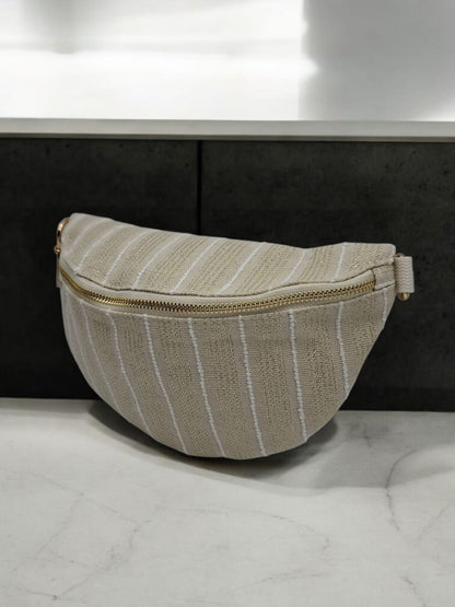 Sac banane en coton tissu bohème beige à rayures blanc doré