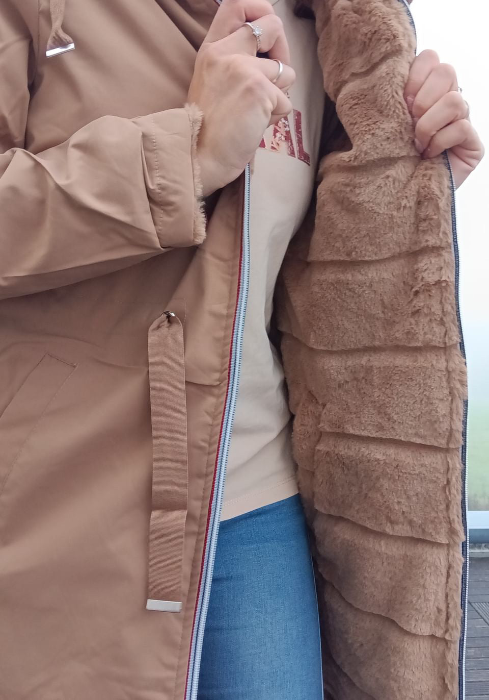 New Lolo - Manteau long CAMEL réversible, imperméable et complètement fourré resserrable à la taille