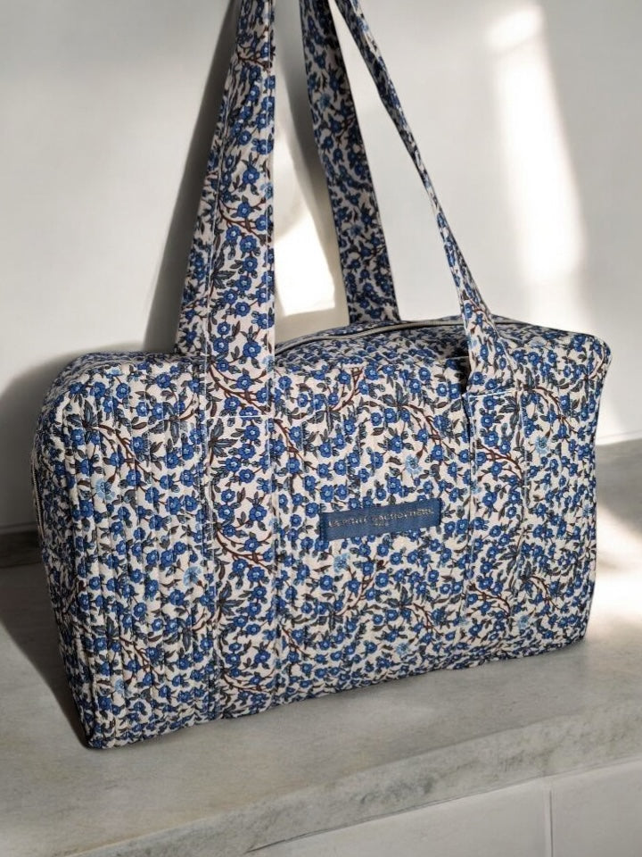 Sac week end de voyage polochon coton matelassé imprimé fleuri bleu marine