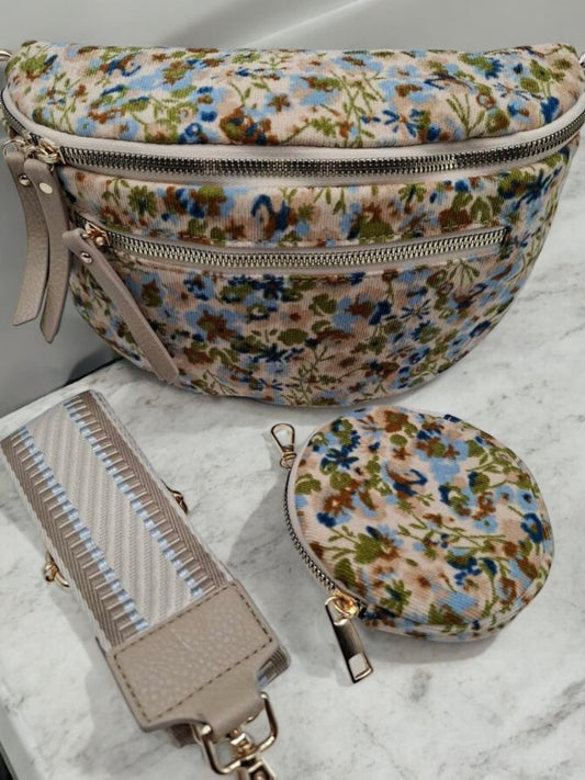 Sac banane velours côtelé très fin fleuri liberty beige avec porte-monnaie assorti