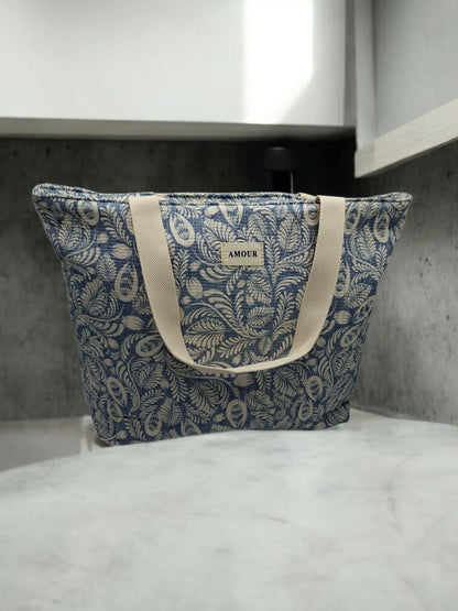 Sac cabas porté épaule coton imprimé toile de jouy feuilles bleues creme