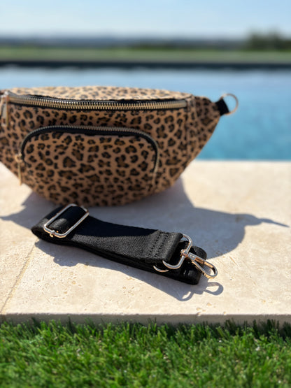 Sac banane en tissu imprimé léopard camel 2 poches