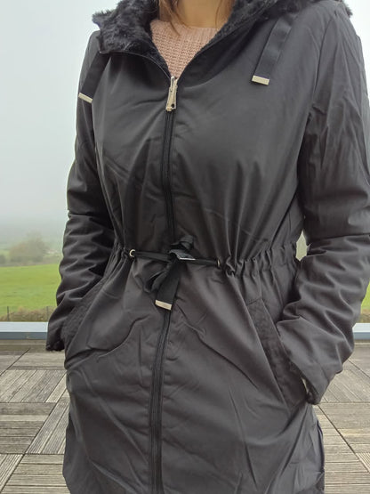 New Lolo - Manteau long NOIR zip uni réversible, imperméable et complètement fourré resserrable à la taille