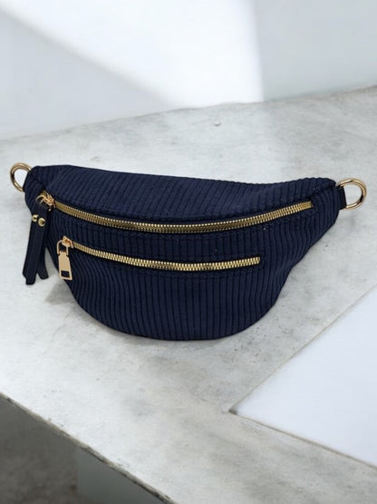 Sac banane velours côtelé 2 poches bleu marine sangle fantaisie