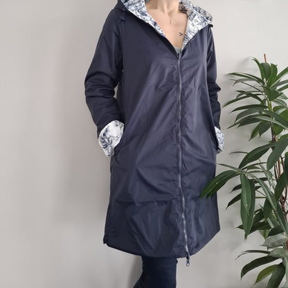 Laura Jo - Imperméable bleu marine réversible motif jungle long mi-saison garnissage ouate