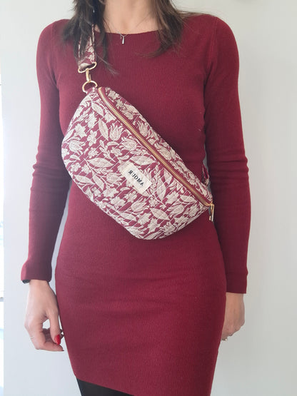 Sac banane coton matelassé liberty floral toile de jouy rouge bordeaux et blanc