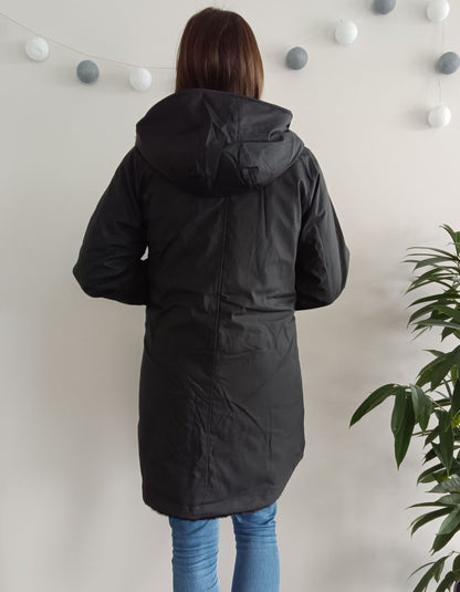 Melya Melody - Manteau long mi cuisses type ciré imperméable fourré réversible noir