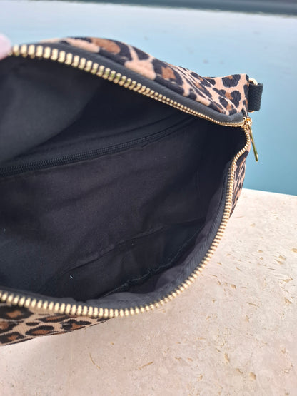 Sac banane en velours côtelé marron et noir imprimé léopard