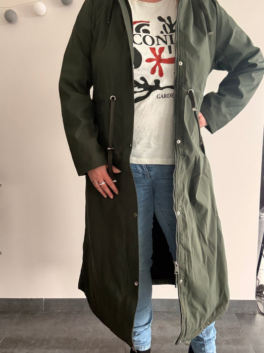 Manteau long type trench ciré hauteur genoux kaki fourré imperméable