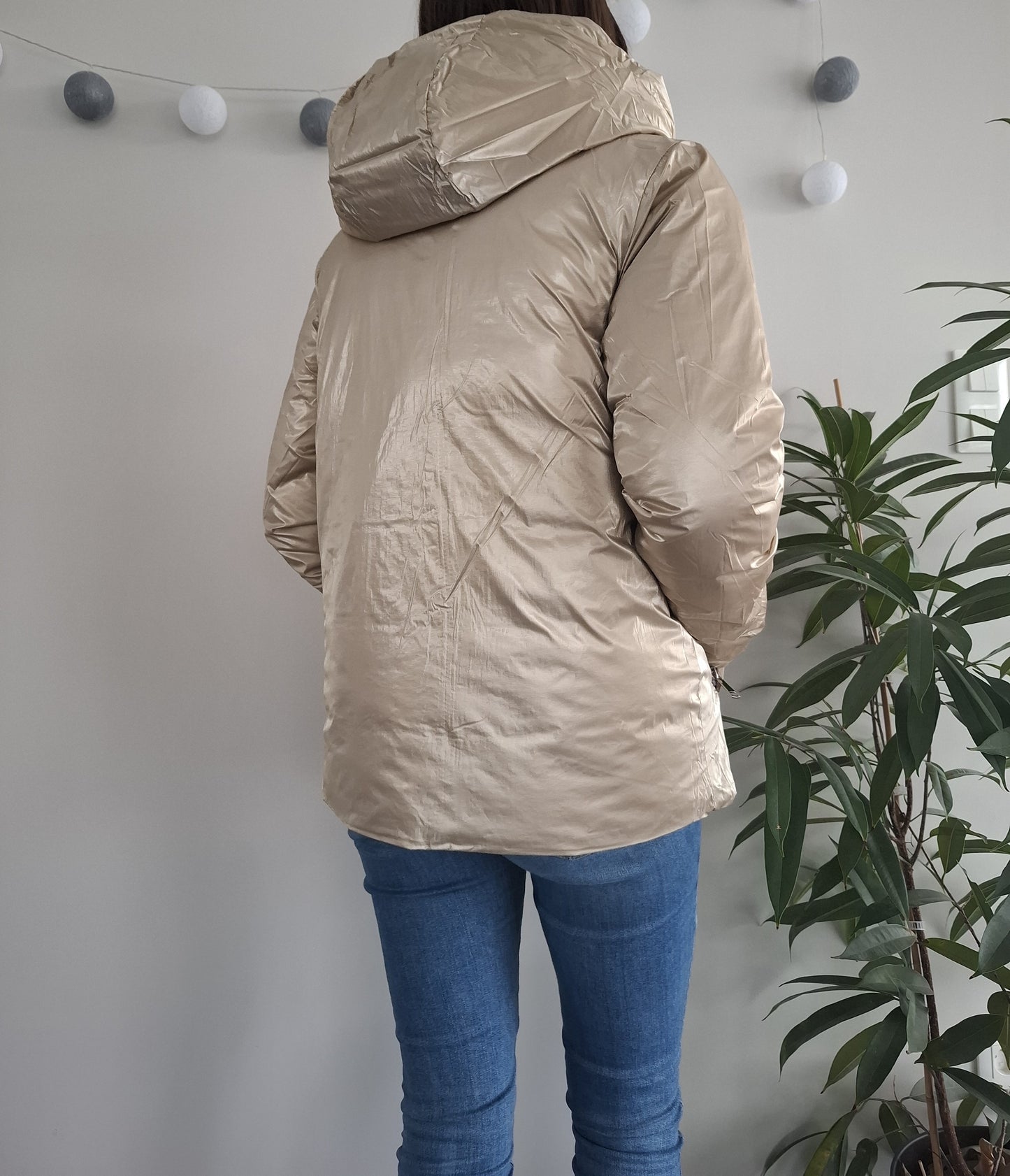 Doudoune manteau imperméable court réversible matelassé bleu marine doré