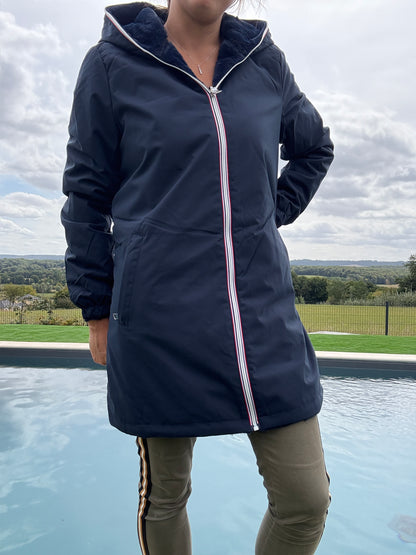 New Lolo - Manteau long bleu marine réversible imperméable fourré fausse fourrure - Curvy