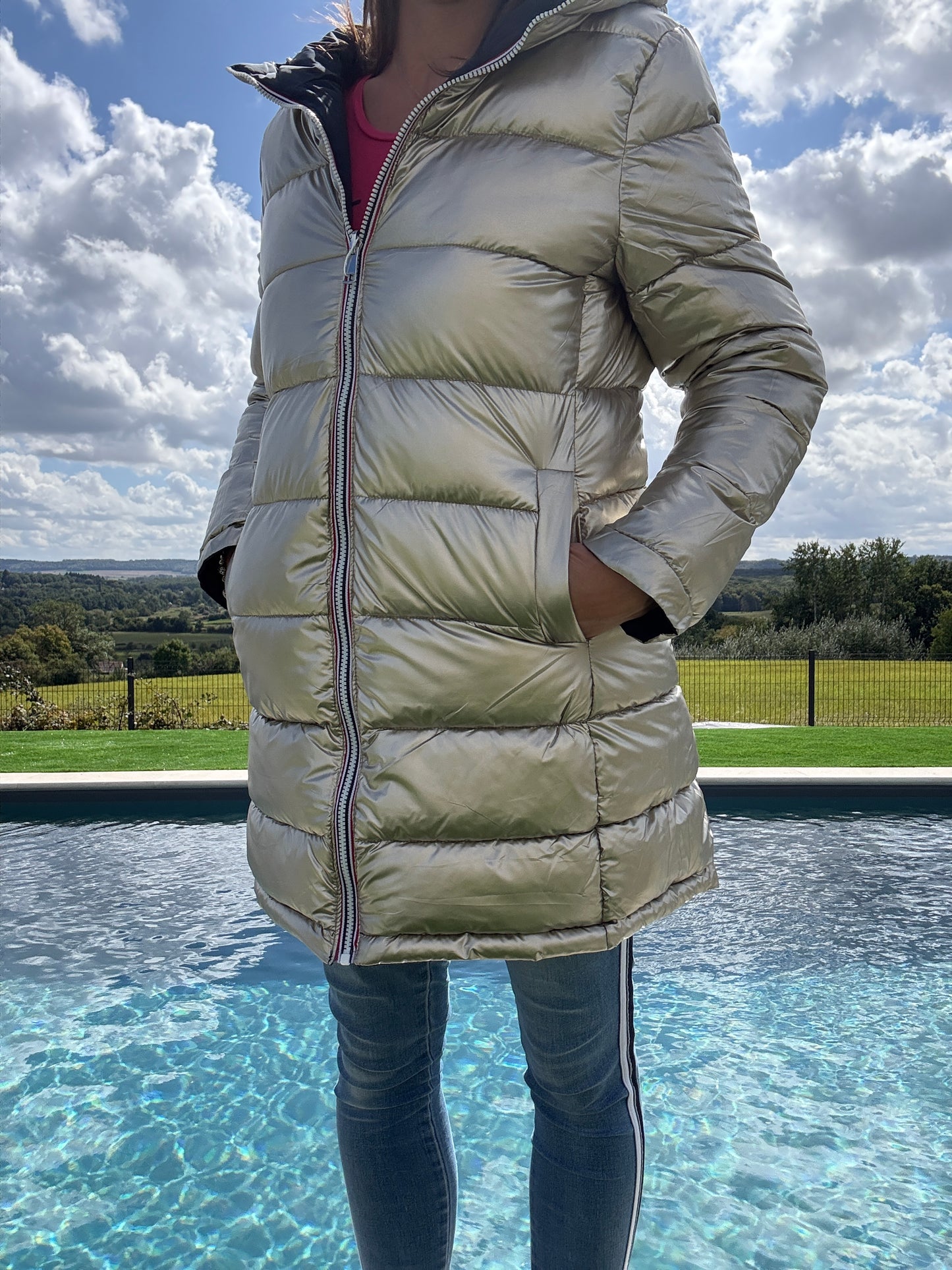 Melya Melody - Manteau long réversible et imperméable matelassé bleu marine doré