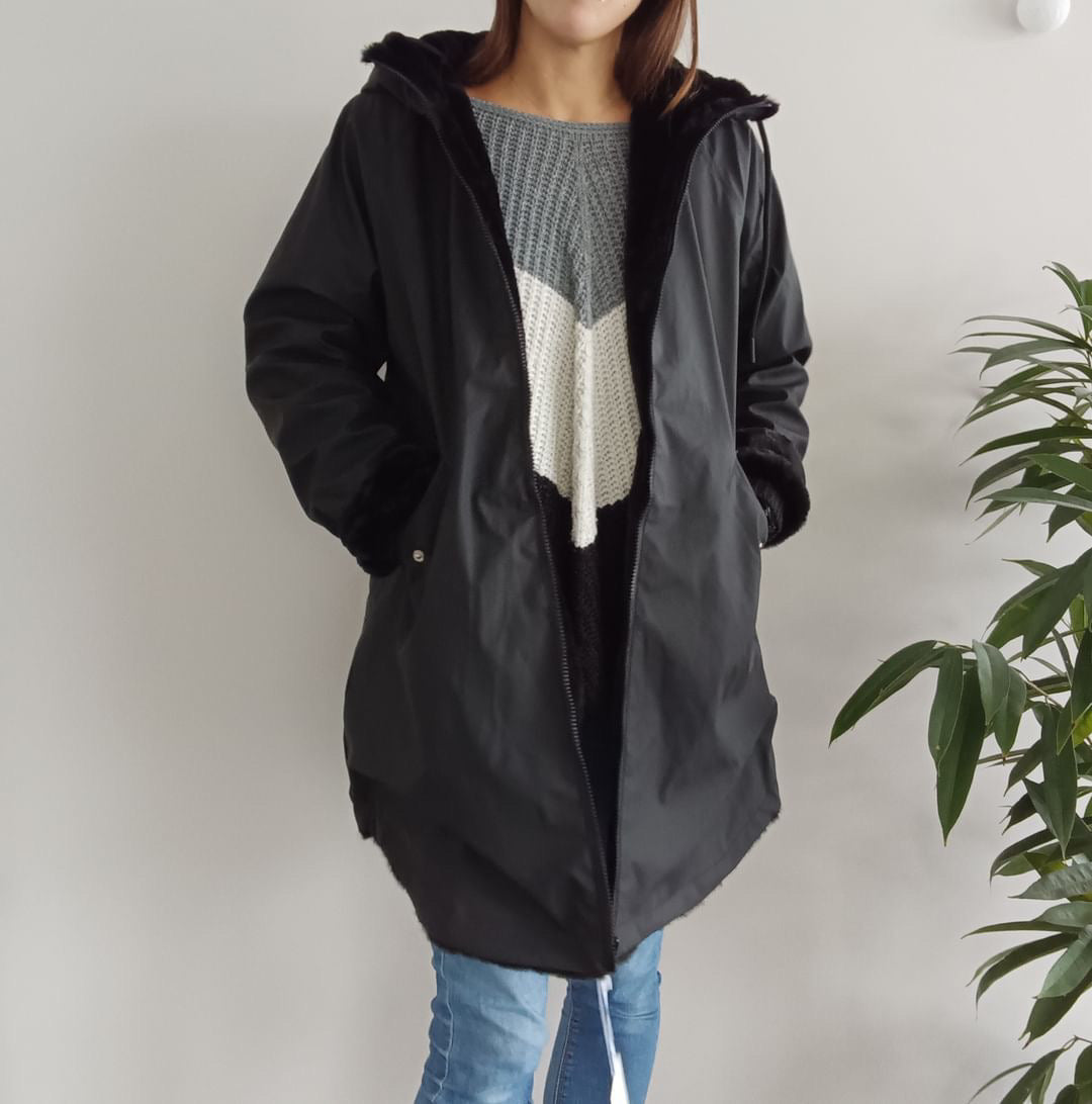 Melya Melody - Manteau long mi cuisses type ciré imperméable fourré réversible noir