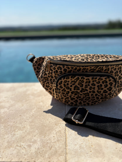 Sac banane en tissu imprimé léopard camel 2 poches